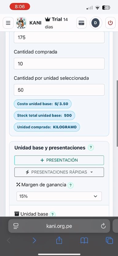 Inventario y presentaciones en KANI desde celular